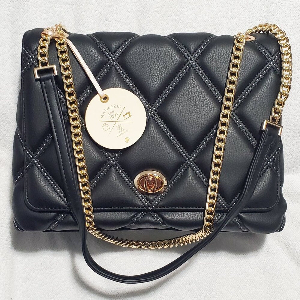MATMAZEL "Amanda" Shoulder Bag- "M" Turnkey Lock- Medium- Black